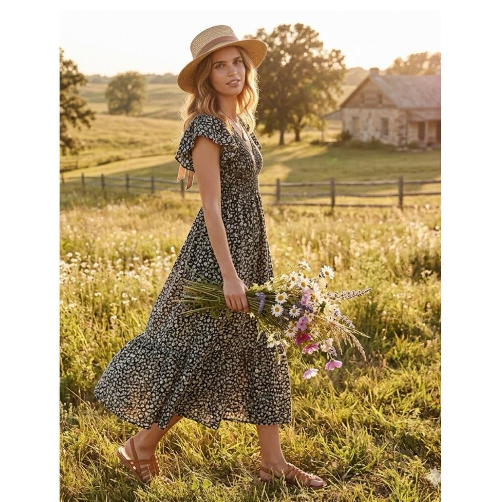 Rails Clementine Midi dress black Ditzy floral Size M Smocked Romantic Prairie